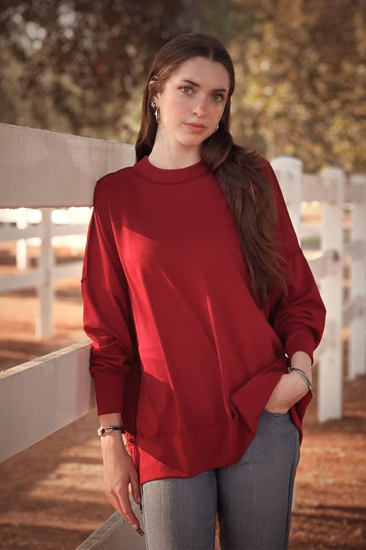 24-Hrs Fashion - Relaxed Fit French Terry Sweatshirt S-XL - Burgundy (S-XL)
