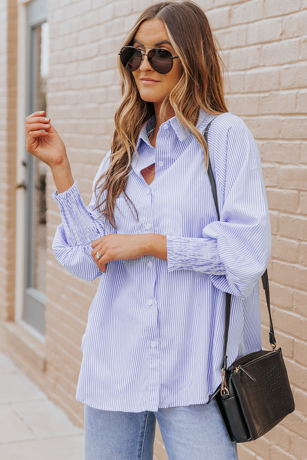 Pink Striped Casual Shirred Cuffs Shirt