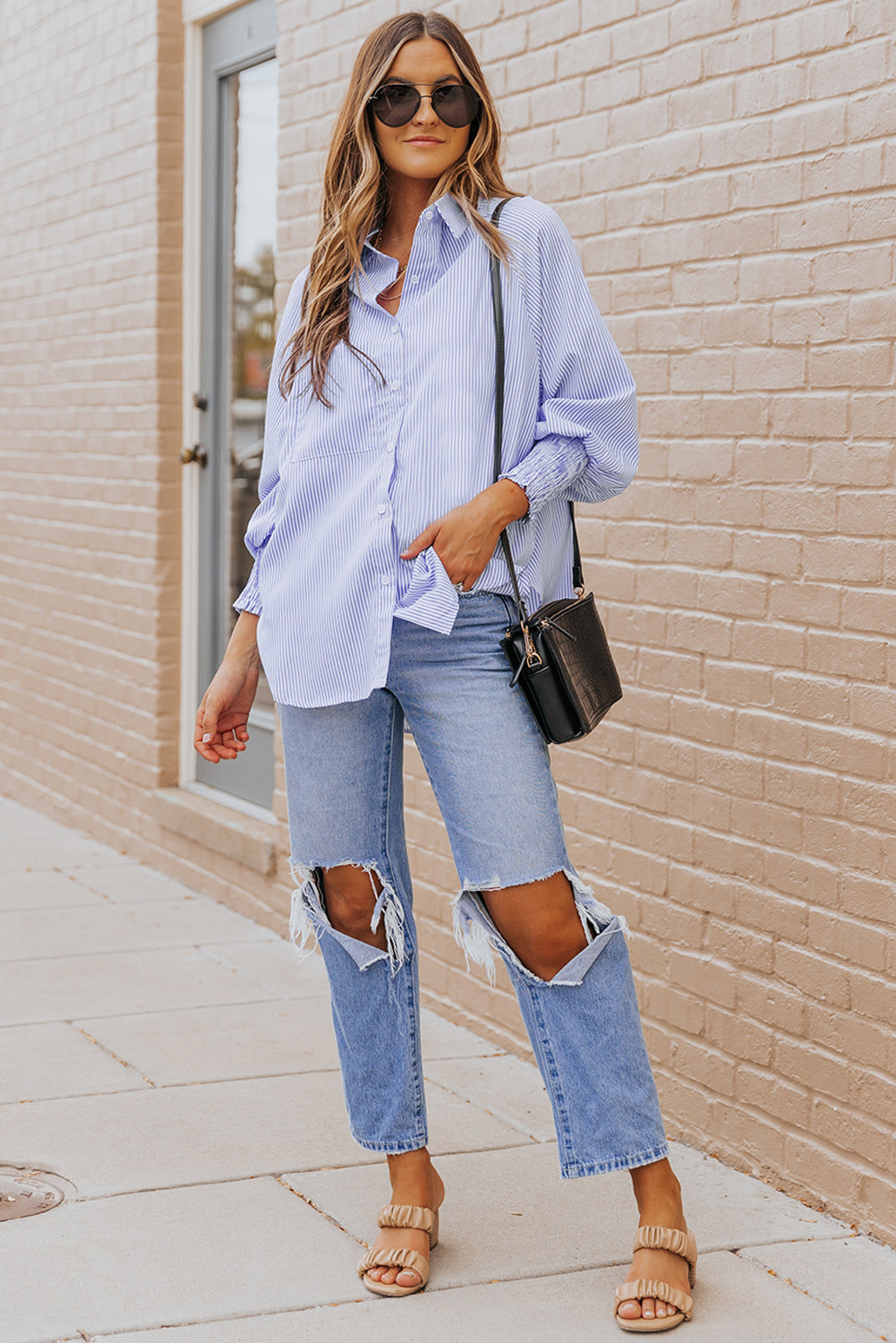 Pink Striped Casual Shirred Cuffs Shirt