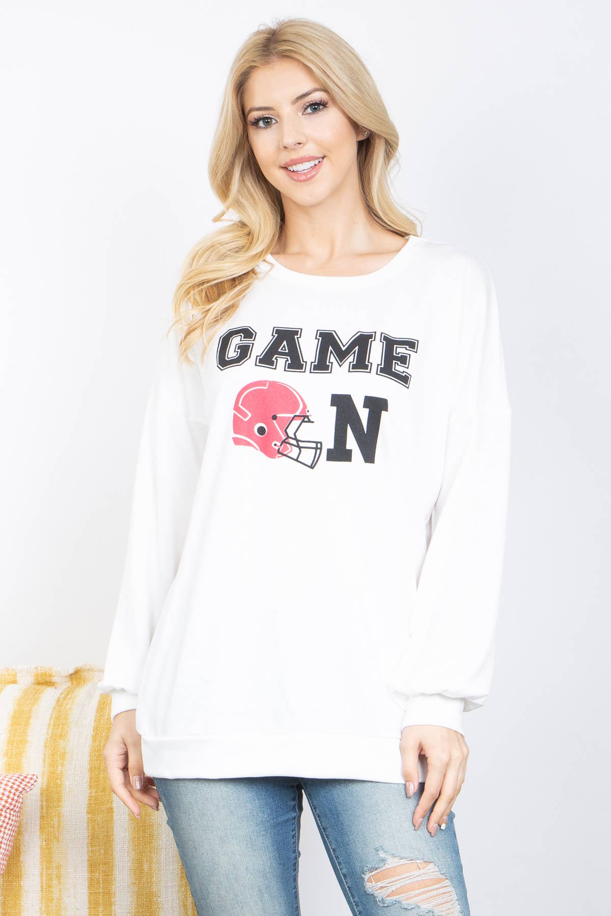 Perfect Peach - PPT21198-"GAME ON" PRINTED ROUND NECK PULLOVER TOP - L / BLACK