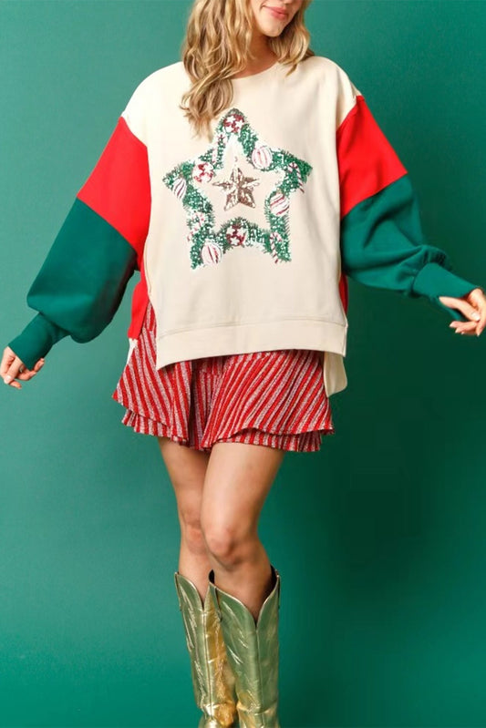 Apricot Sequin Christmas Star Color Block Sleeve Side Slits Sweatshirt