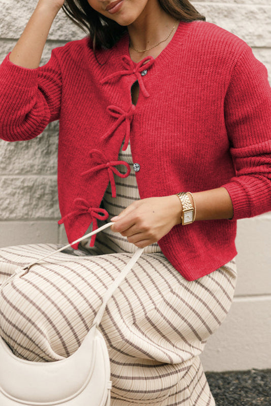 Fiery Red Sweet Bow Front Knit Cardigan