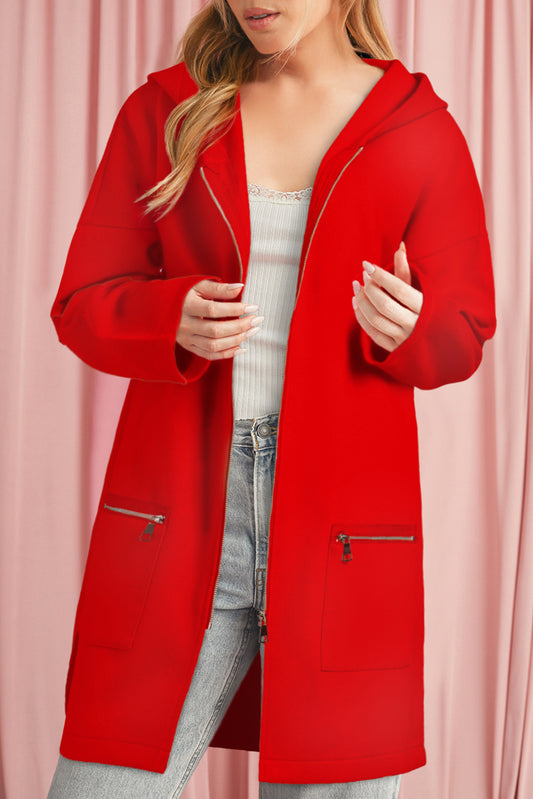 Fiery Red Solid Color Casual Zipper Hooded Jacket