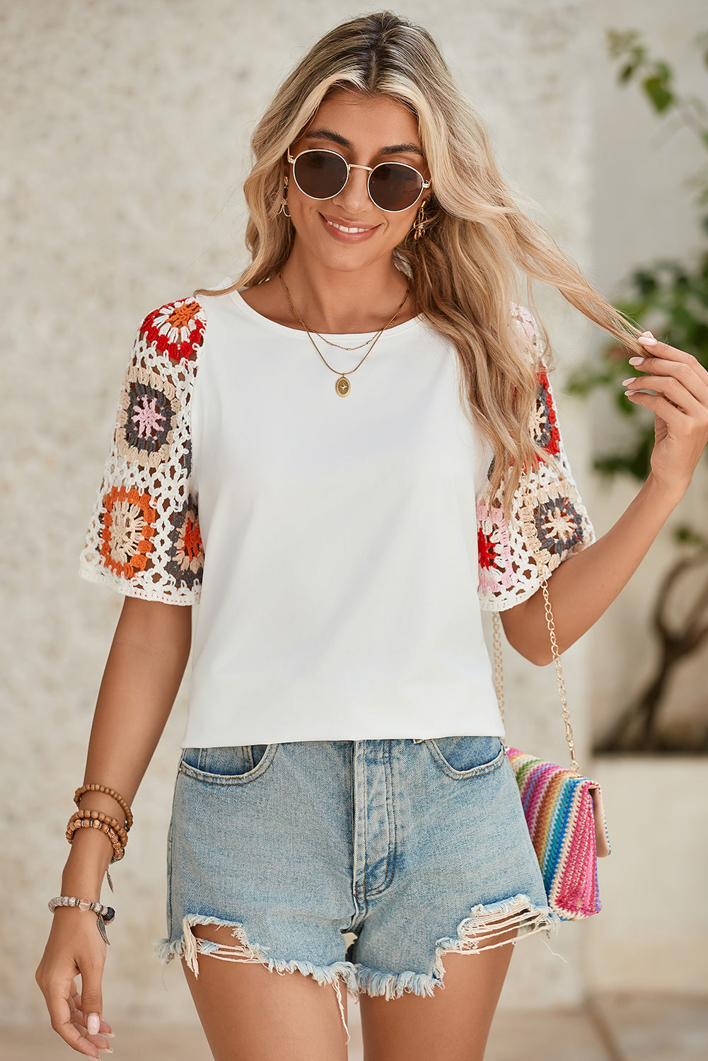 White Floral Hollowed Crochet Sleeve Boho T Shirt