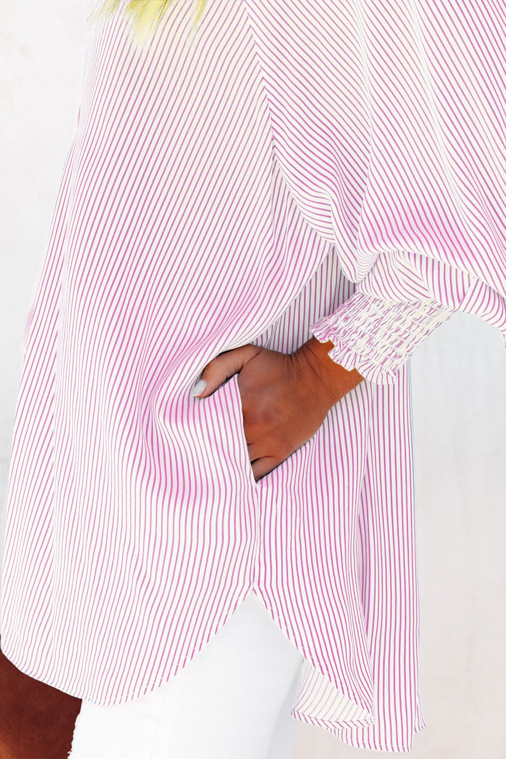 Pink Striped Casual Shirred Cuffs Shirt