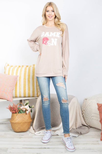 Perfect Peach - PPT21198-"GAME ON" PRINTED ROUND NECK PULLOVER TOP - L / BLACK