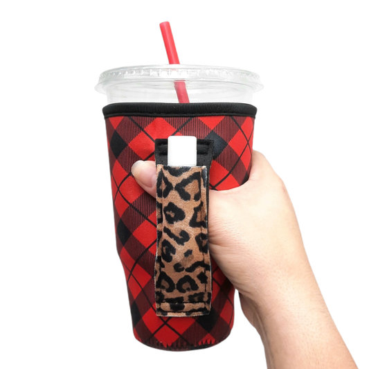 Drink Handlers - Red Plaid w/ Leopard 20oz Large Coffee / Tumbler Handler™