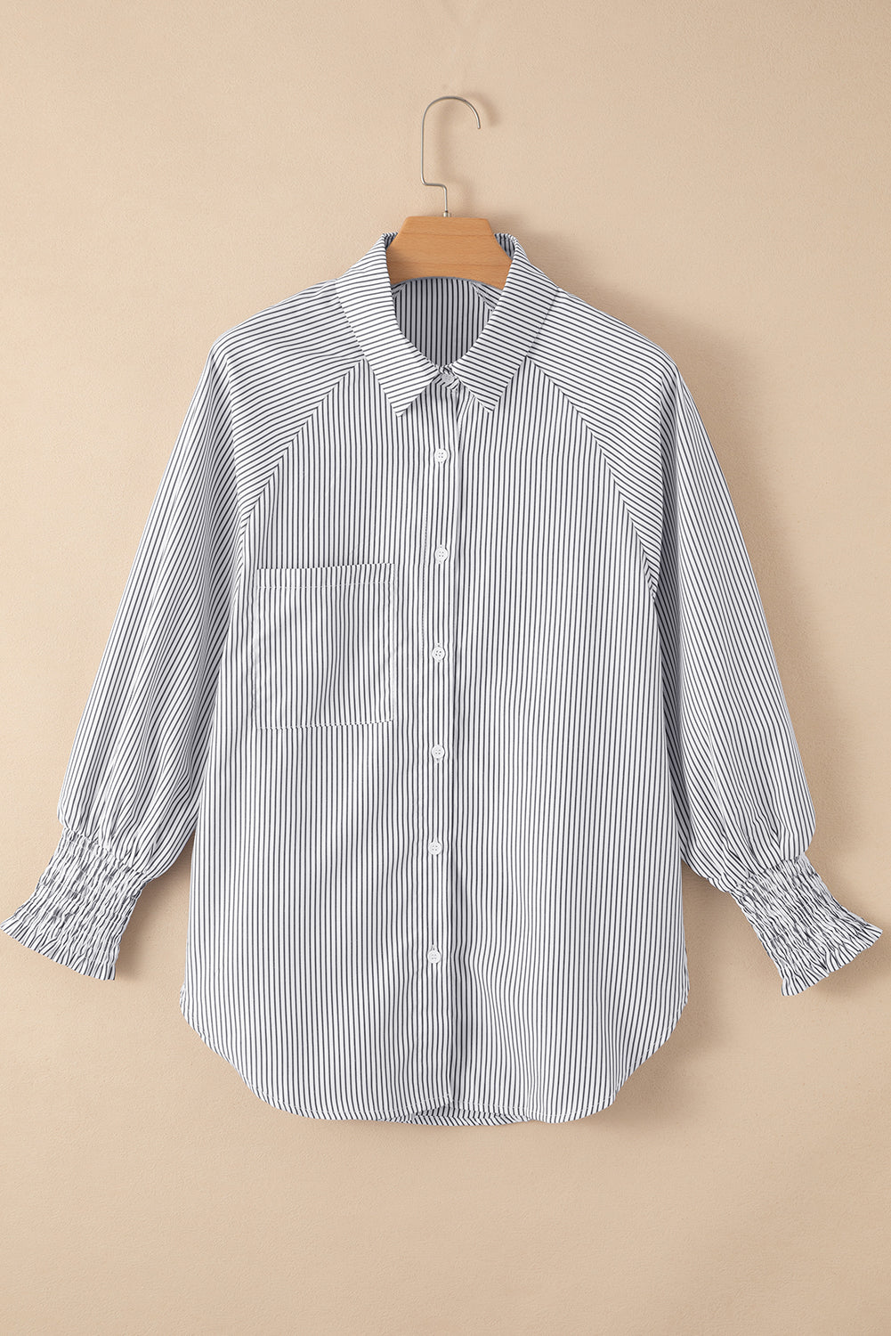 Pink Striped Casual Shirred Cuffs Shirt